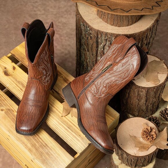 Jousen Mens Amy8420-lightbrown Embroidery Retro Square Toe Chunky Heeled Boots - Picture 3 of 7